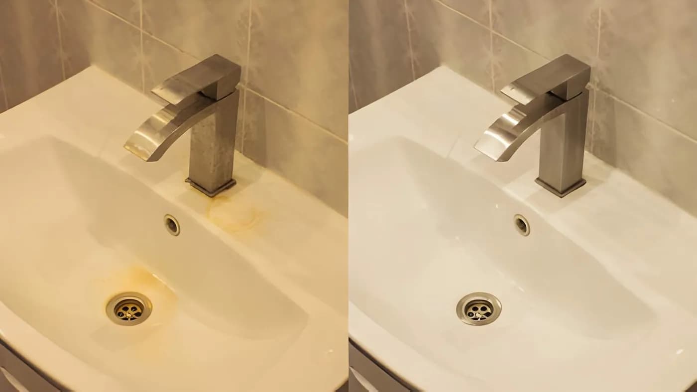 Chiuvetă cu pete de calcar, apoi curată