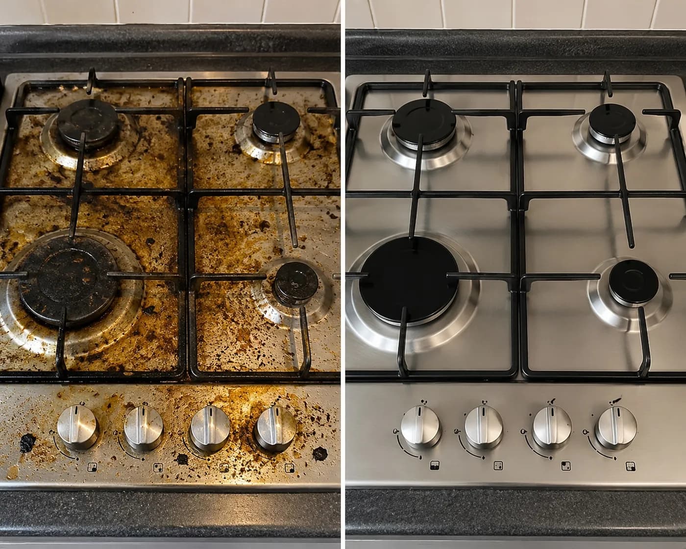 Plită de inox cu grăsime arsă, apoi impecabilă