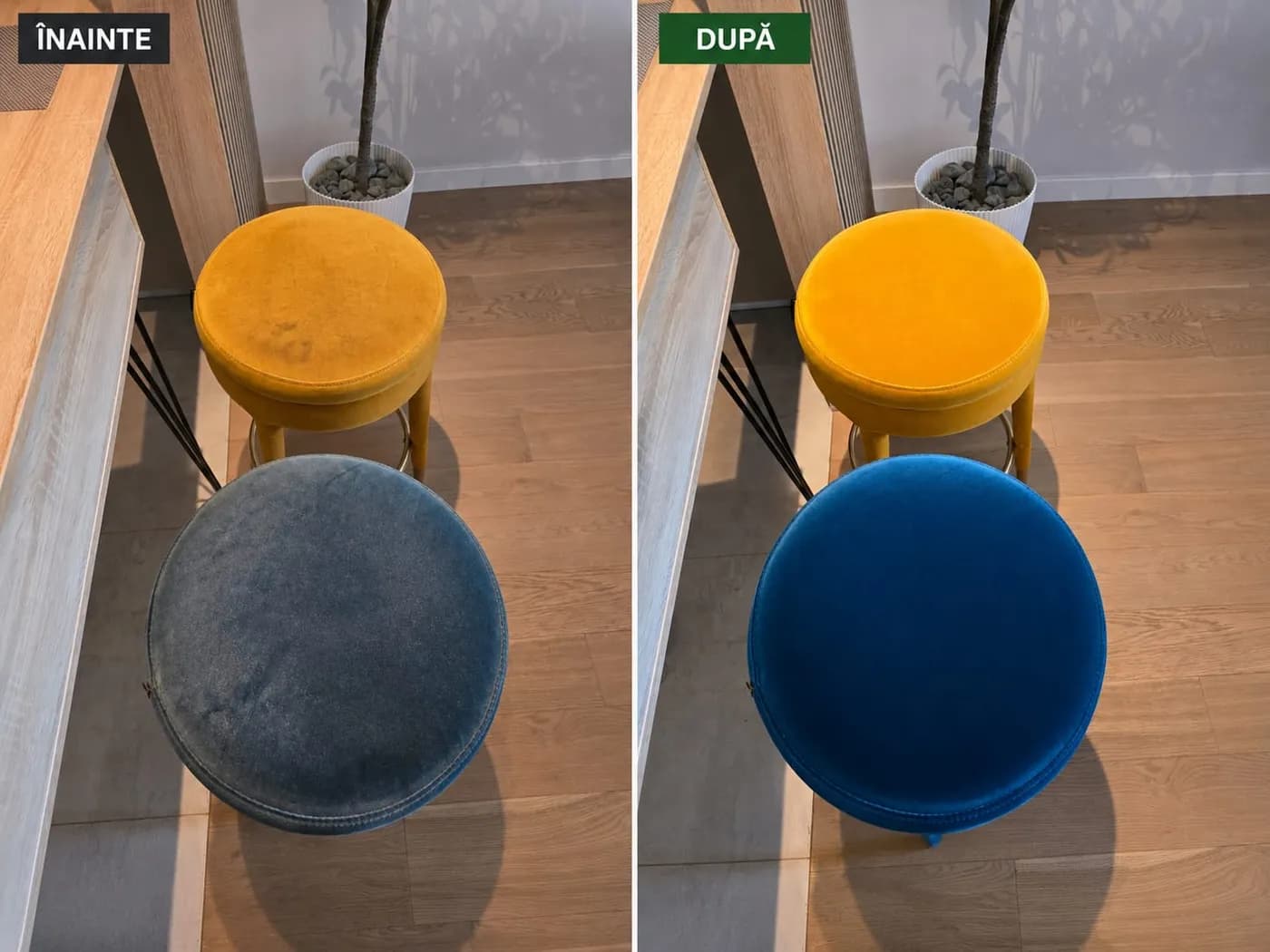 Taburete tapițate înainte și după curățare