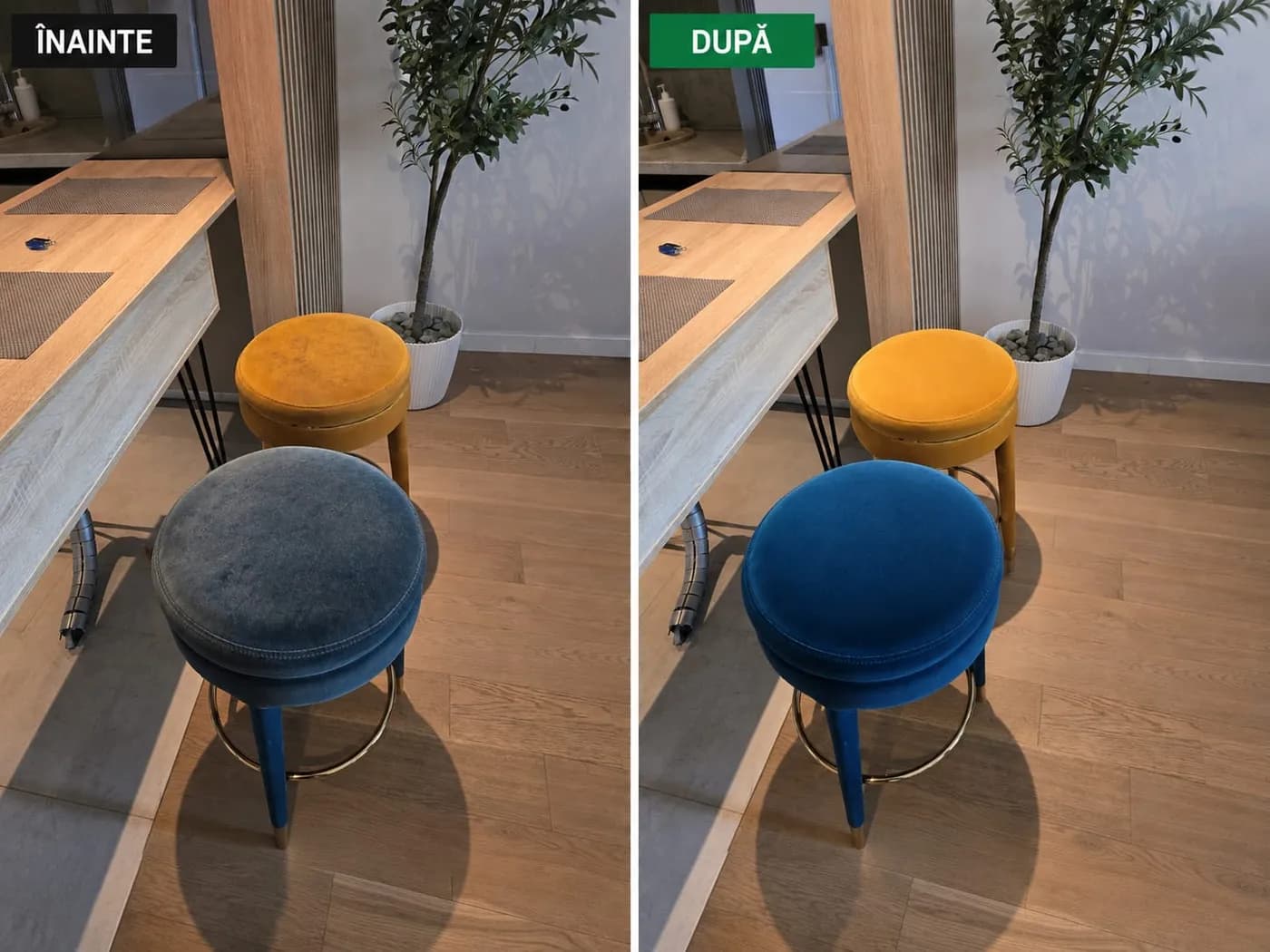 Scaune de bar tapițate înainte și după curățare